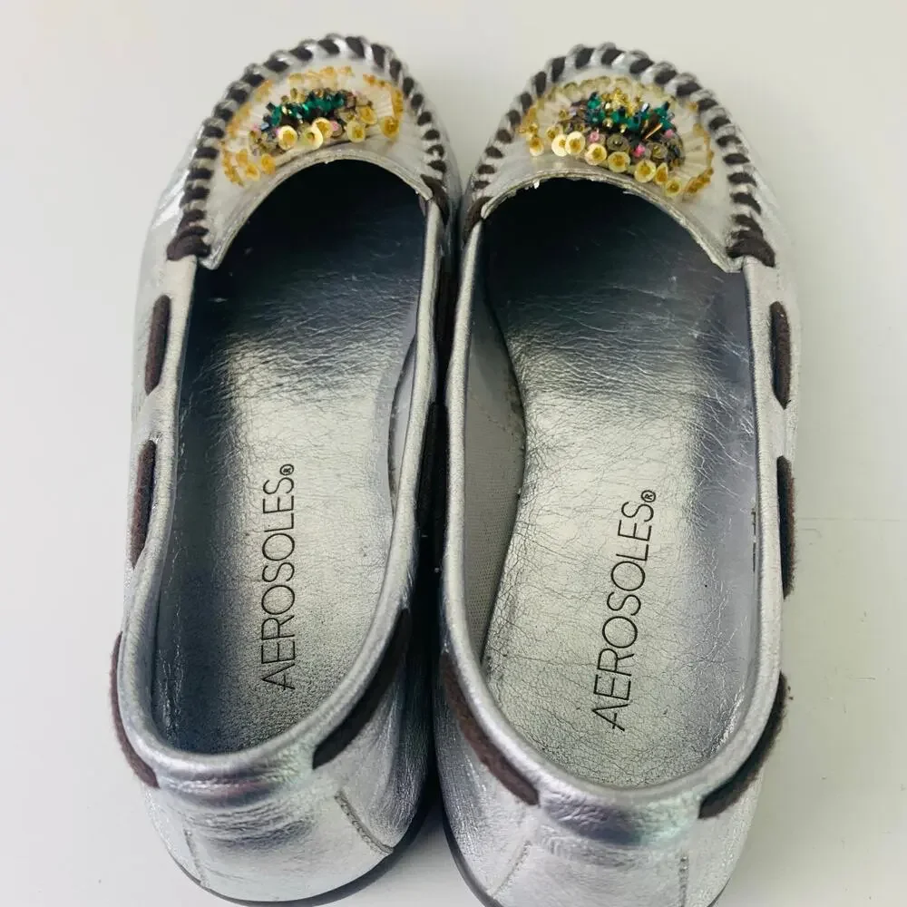 Aerosoles Jamboline Silver Leather Beaded Loafers Womens 6B Comfort Flats